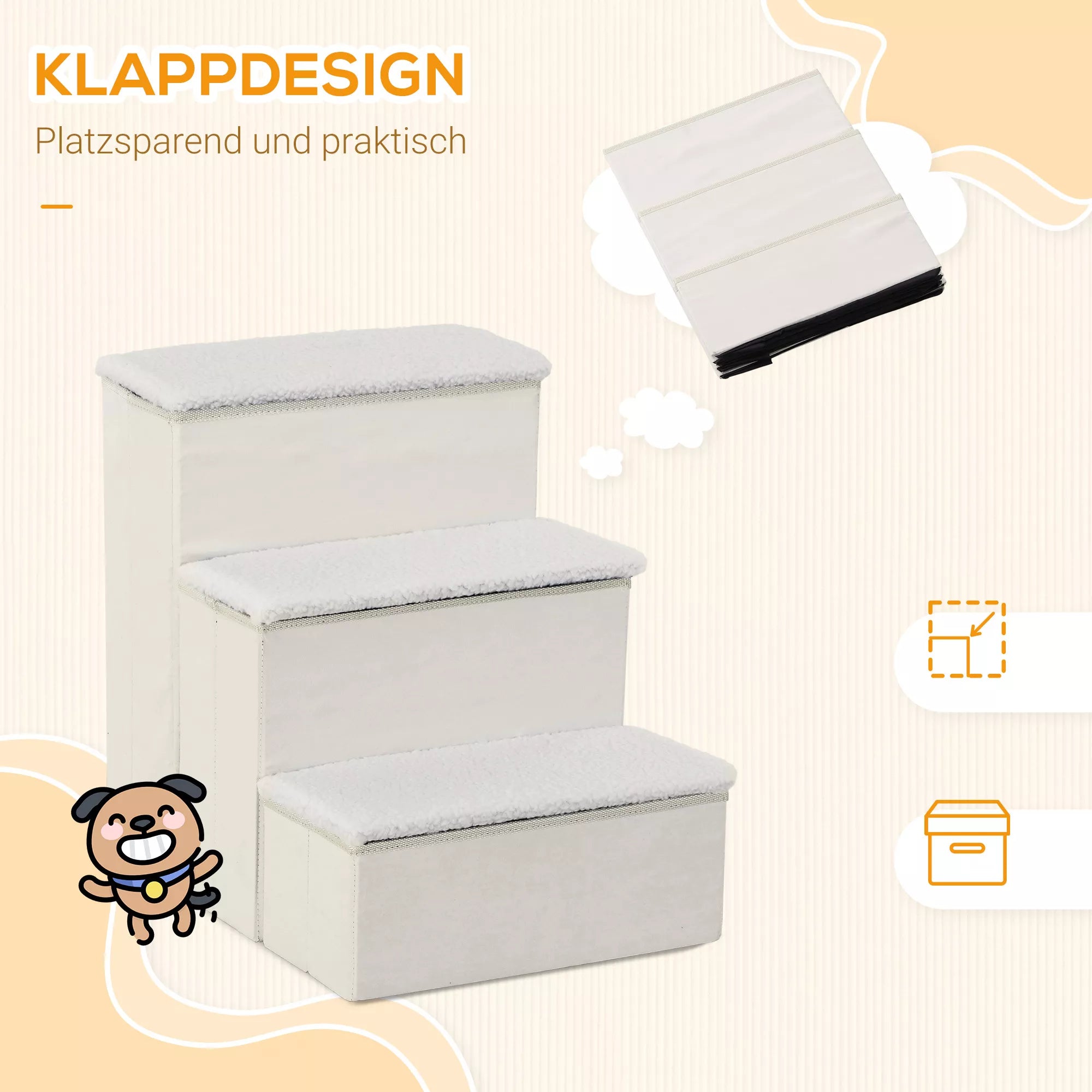 Suņu pakāpieni 3 pakāpieni 48 cm augsti, salokāmi mājdzīvnieku pakāpieni maziem un veciem dzīvniekiem, kaķu un suņu rampa, iekāpšanas palīglīdzeklis gultai, dīvānam, matracim un automašīnai, balti