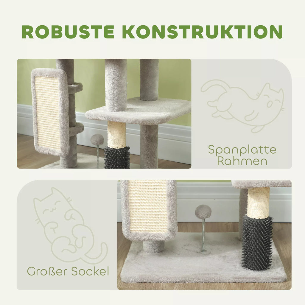 Kaķu skrāpis 104 cm ar mājiņu, guļvietu, sizala stabiem, skrāpēšanas dēlīti un plīša bumbiņām, kaķiem līdz 5 kg, gaiši pelēks