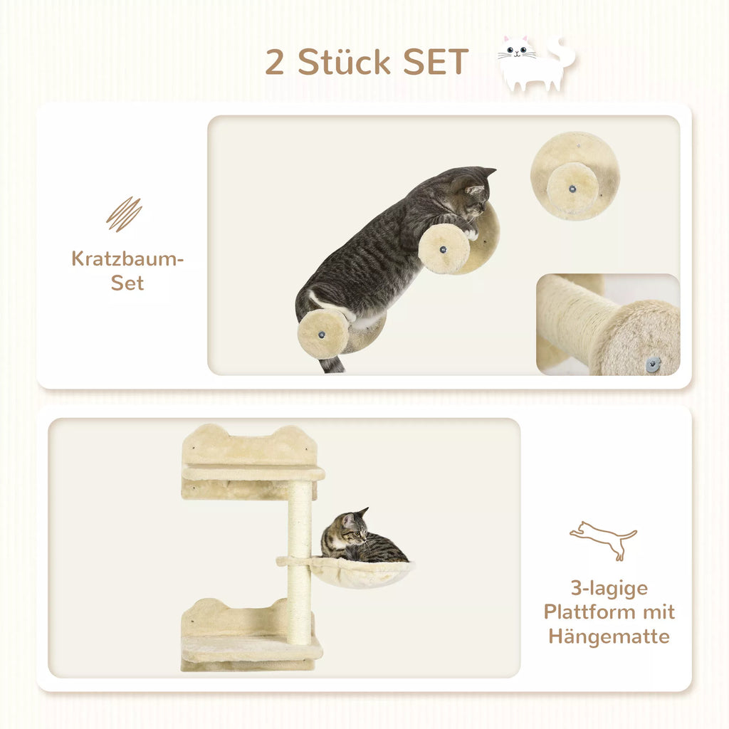 Kāpšanas pakāpieni, kāpšanas siena, kaķa pakāpieni, 4 daļu komplekts, ar skrāpējamo stabu, šūpuļtīkls, bēšs + krēmīgi balts, 40 x 28 x 73 cm