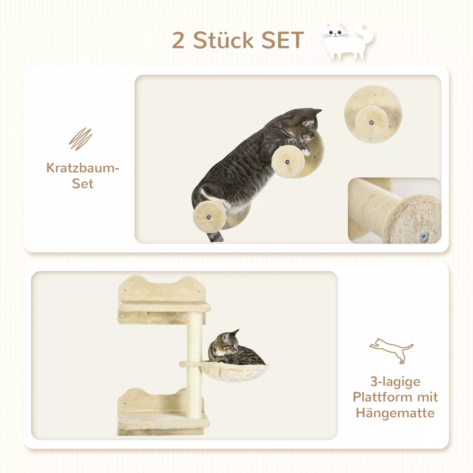 Kāpšanas pakāpieni, kāpšanas siena, kaķa pakāpieni, 4 daļu komplekts, ar skrāpējamo stabu, šūpuļtīkls, bēšs + krēmīgi balts, 40 x 28 x 73 cm