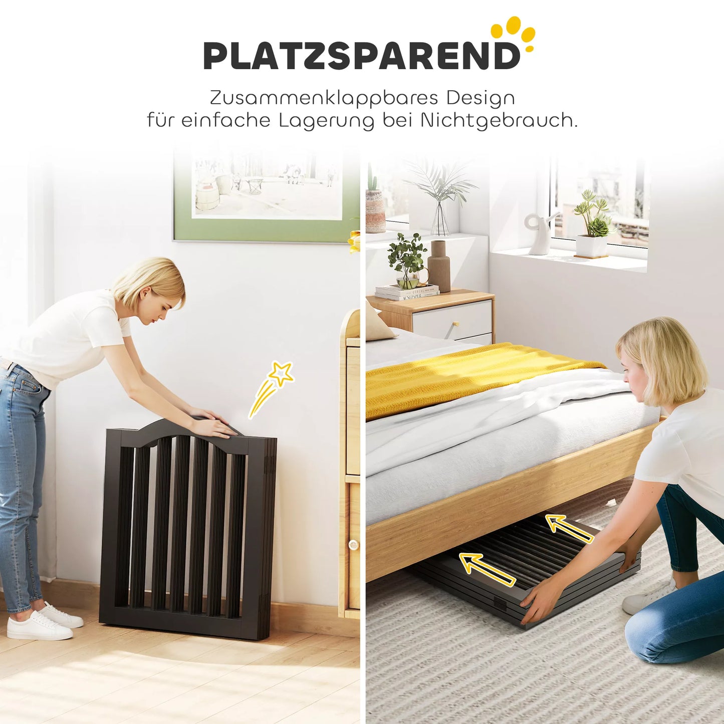 Suņu žoga vārti, brīvi stāvoši drošības vārti ar kājām, salokāmi suņu vārti, 4 paneļi, 208 x 29,5 x 61 cm, melni