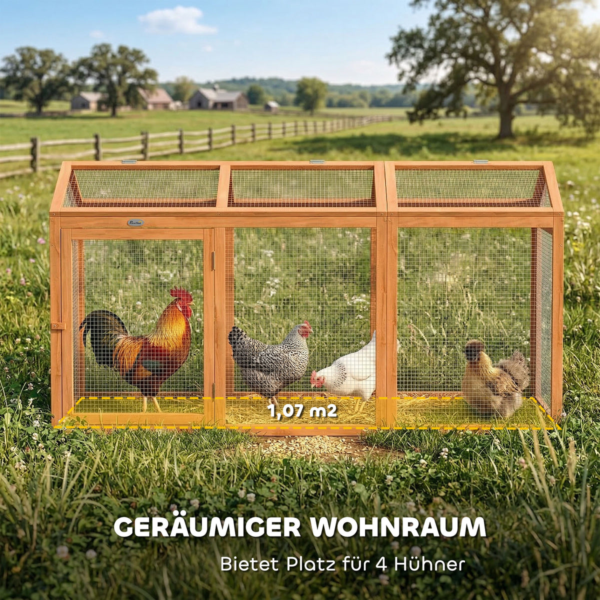 Lauko aptvaras vištoms 156x70,5x84 cm, medinis, su lakta ir dvejomis durimis, 4 vištoms, oranžinis