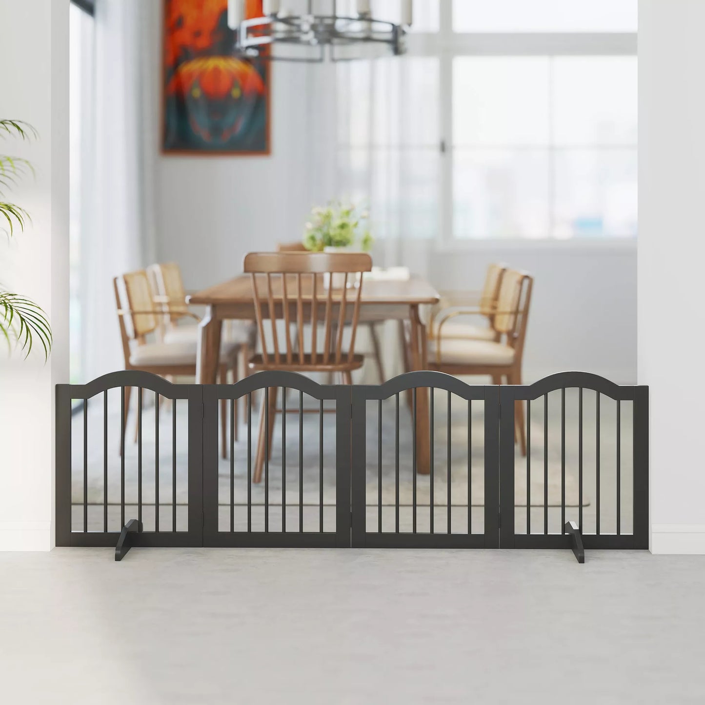 Suņu žoga vārti, brīvi stāvoši drošības vārti ar kājām, salokāmi suņu vārti, 4 paneļi, 208 x 29,5 x 61 cm, melni