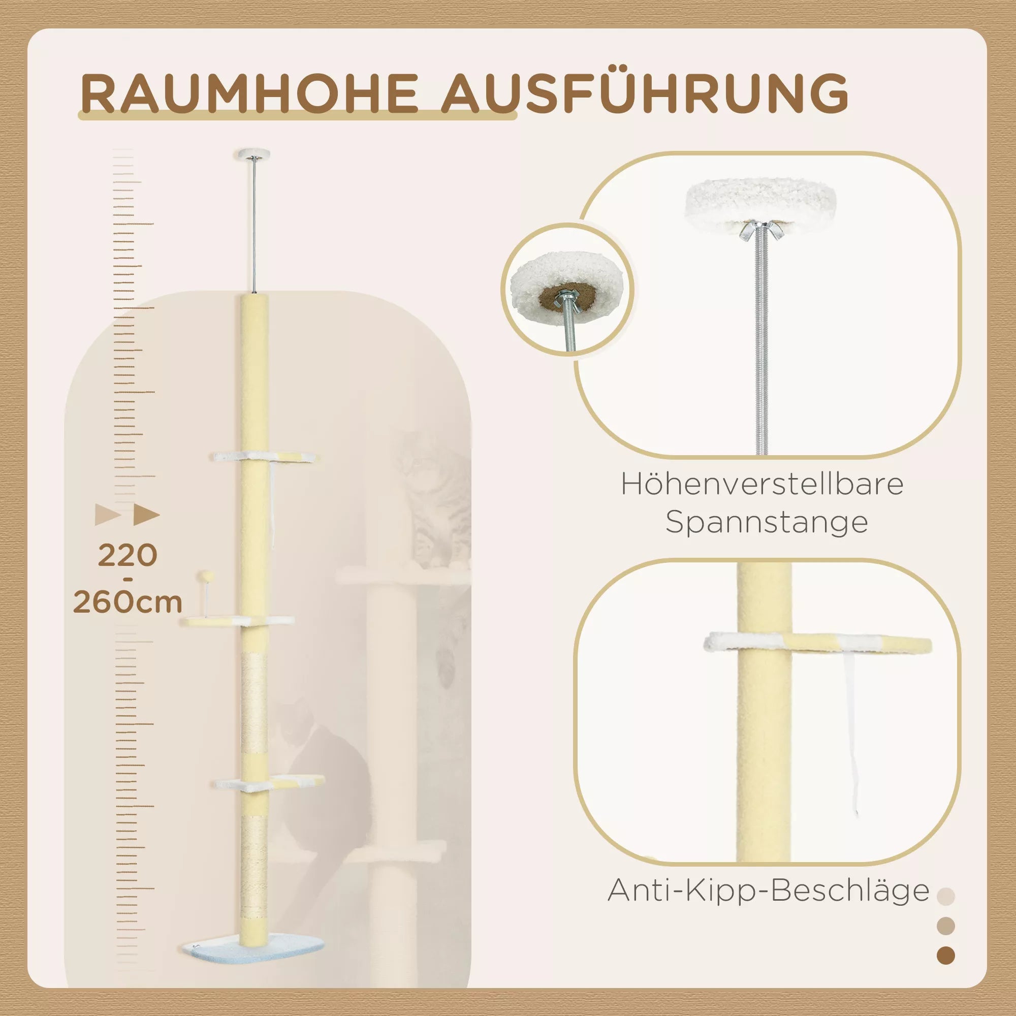 Kaķu mājiņa ar regulējamu augstumu, neslīdoša, ar sizala virvēm pārklātiem stabiem, augstums 220–260 cm, platums 47 cm, dziļums 34 cm, dzeltena/balta/zila