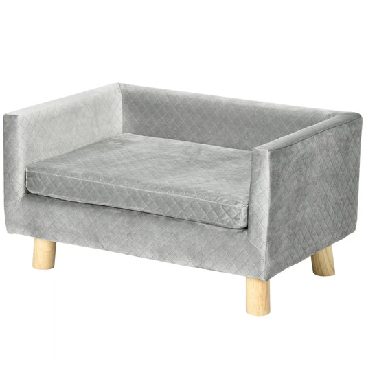 Šunų sofa su medinėmis kojelėmis, šunų lova, naminių gyvūnėlių sofa, šunų kilimėlis mažam šuniui iki 8 kg, aksominio lietimo, pilka, 64 x 45 x 36 cm