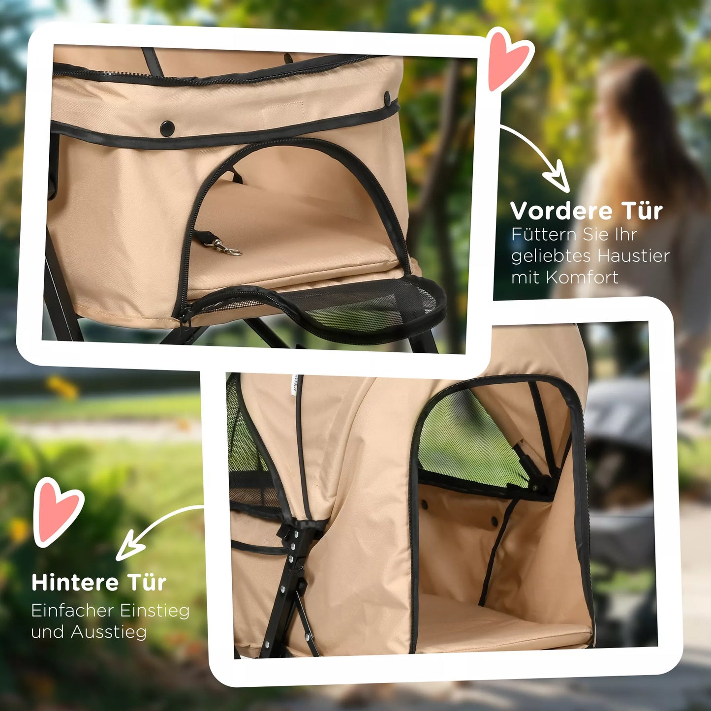 Šunų vežimėlis, sulankstomas, 1 krepšys, 2 stabdžiai, su saugos pavadėliu, šviesiai rudas