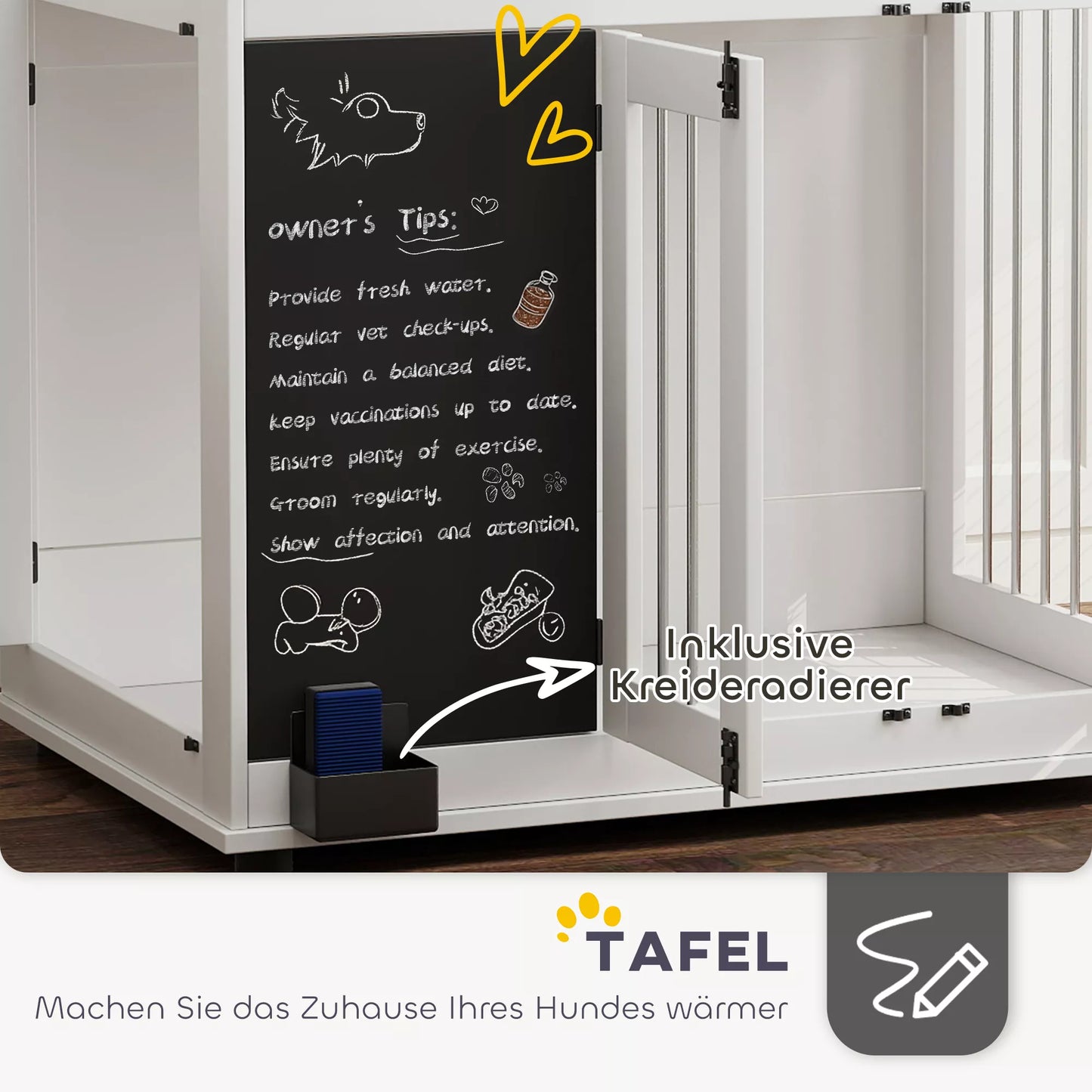 Suņu būris ar rotaļlietu glabāšanas plauktu, pavadas āķiem, rakstāmgaldu, dzēšgumiju, lieliem suņiem, balts