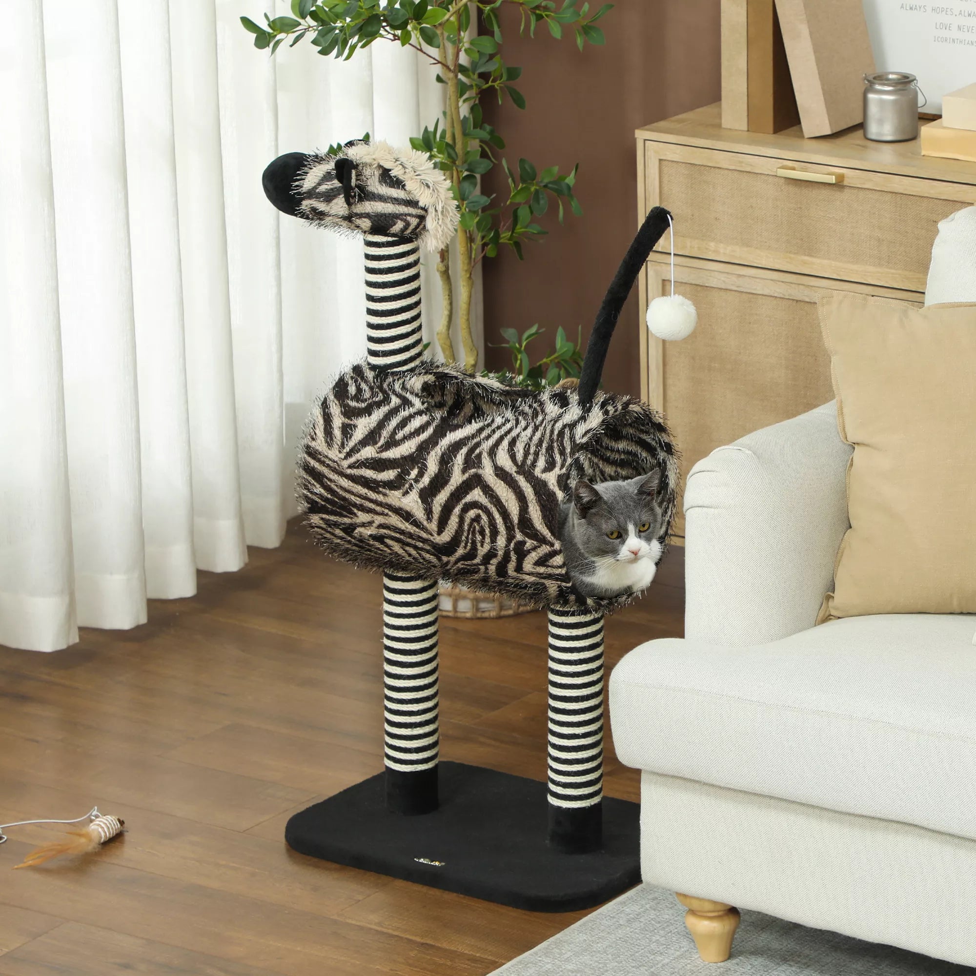 Kaķu mājiņa ar zebras rakstu, 1 kaķu tunelis, 3 skrāpējamie stabi 48,5 cm x 35 cm x 93 cm, melna + balta