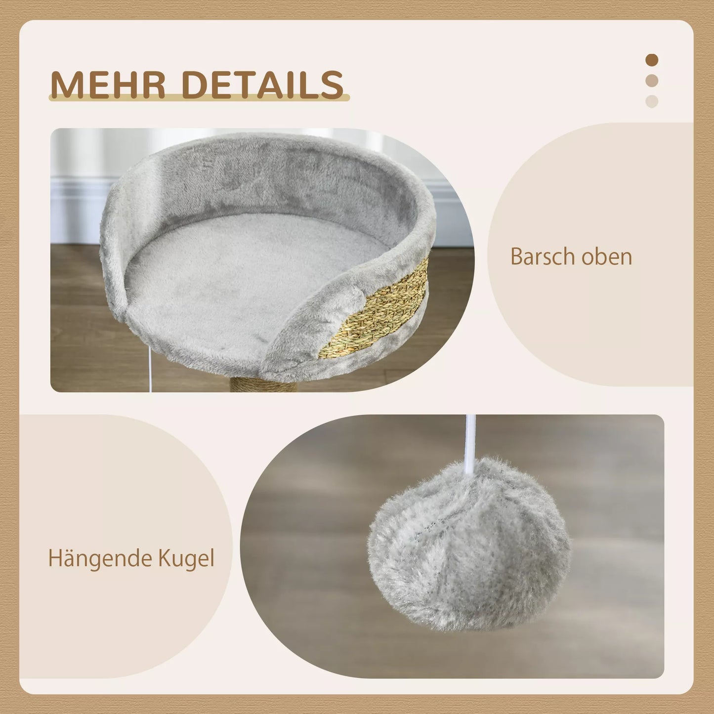 Kaķu skrāpēšanas stabs, kaķu gulta, kaķu grozs, ar rotaļu bumbu, 40 cm x 40 cm x 49 cm, pelēks