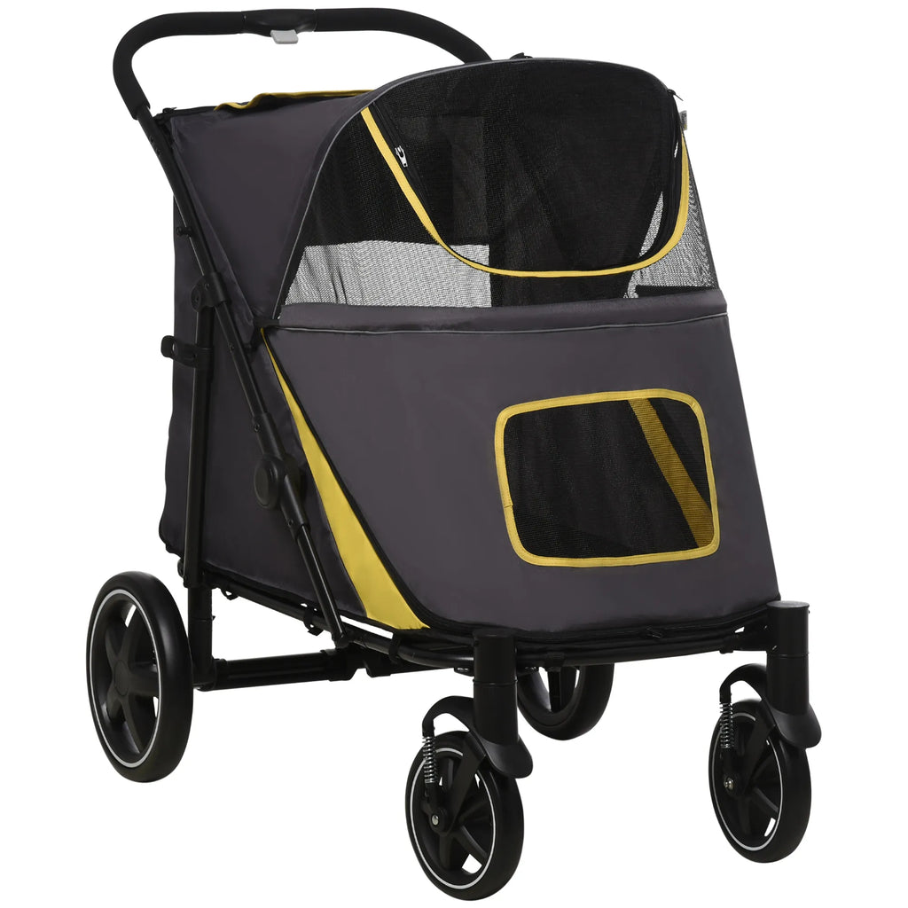 Šunų vežimėlis iki 30kg, sulankstomas, "Vieno paspaudimo" sistema, 2 saugos pavadėliai, laikymo kišenės, paminkštinta rankena, tamsiai pilkas.