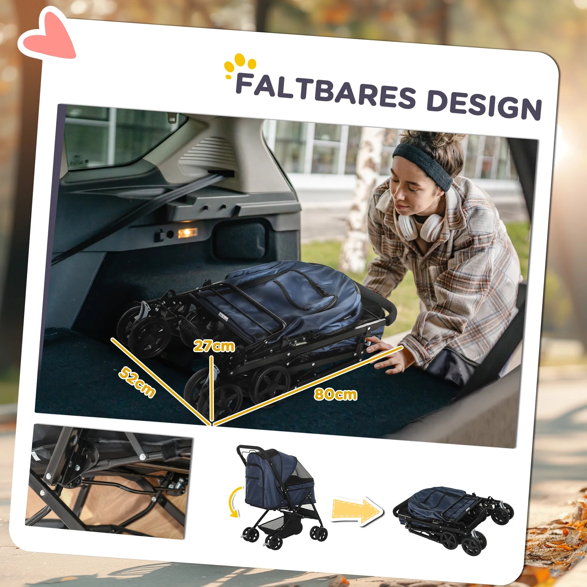 Suņu ratiņi līdz 10 kg, saliekami, ar regulējamu jumtiņu, nodalījumu apakšā, 2 bremzēm, drošības pavadu, zili