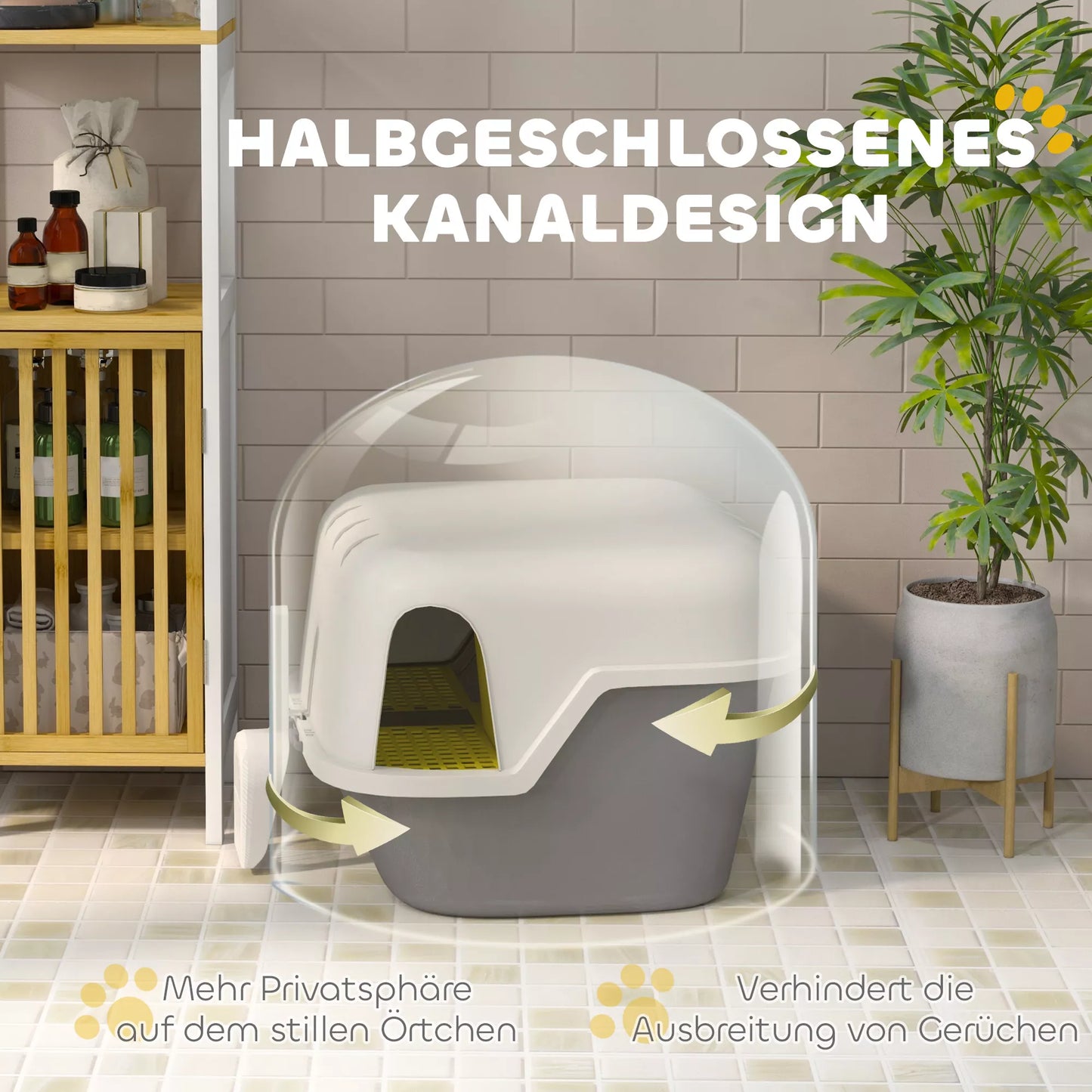 Kaķu tualete, kaķu kaste ar vāku un kausiņu, viegli tīrāma, aizslēdzama, balta