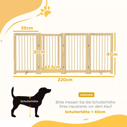 Freestanding folding dog fence with door and supports, wooden frame, 220x36x91cm