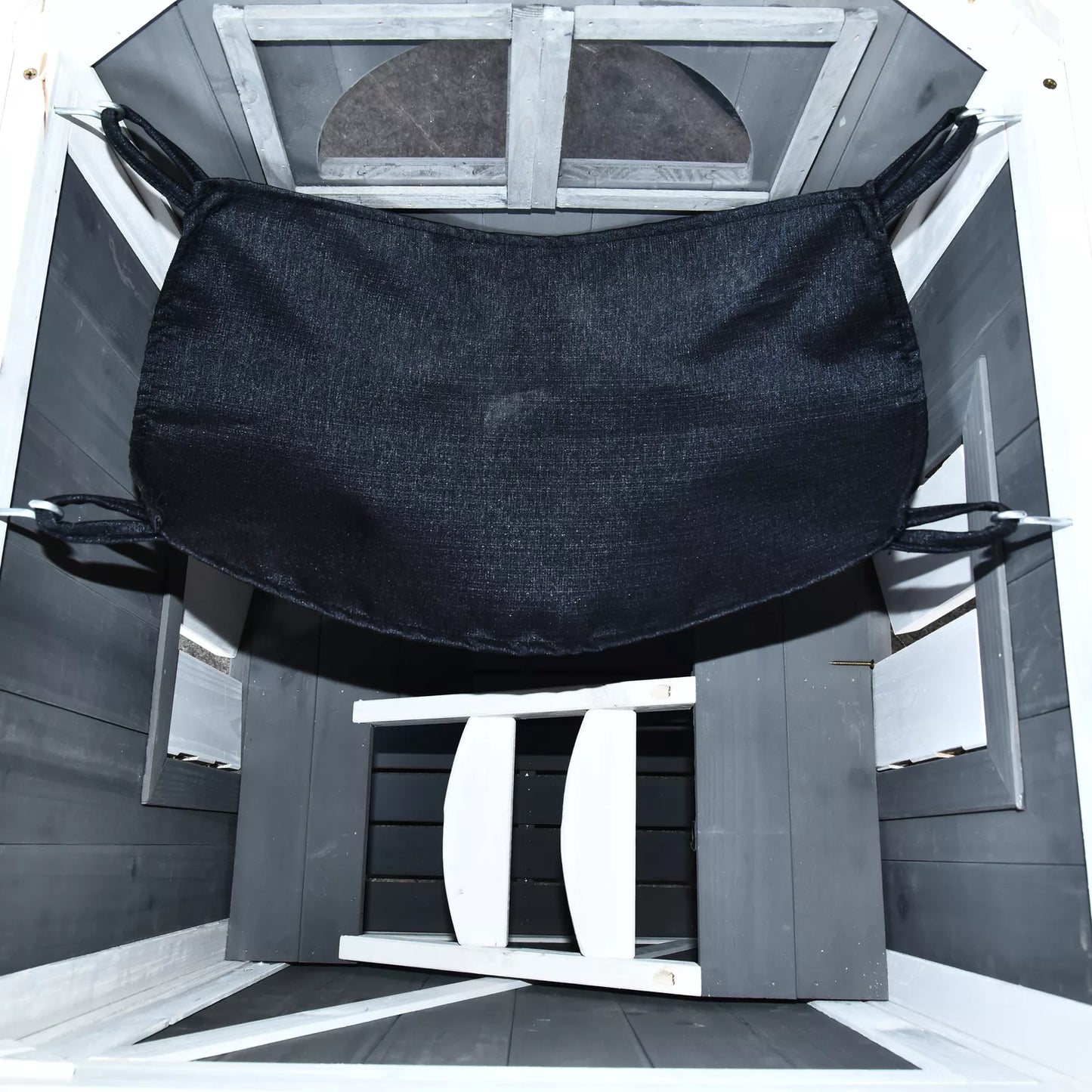 Divstāvu āra kaķu māja no egles koka, laikapstākļiem izturīga kaķu māja ar asfalta jumtu, zila, 59 x 55 x 109 cm