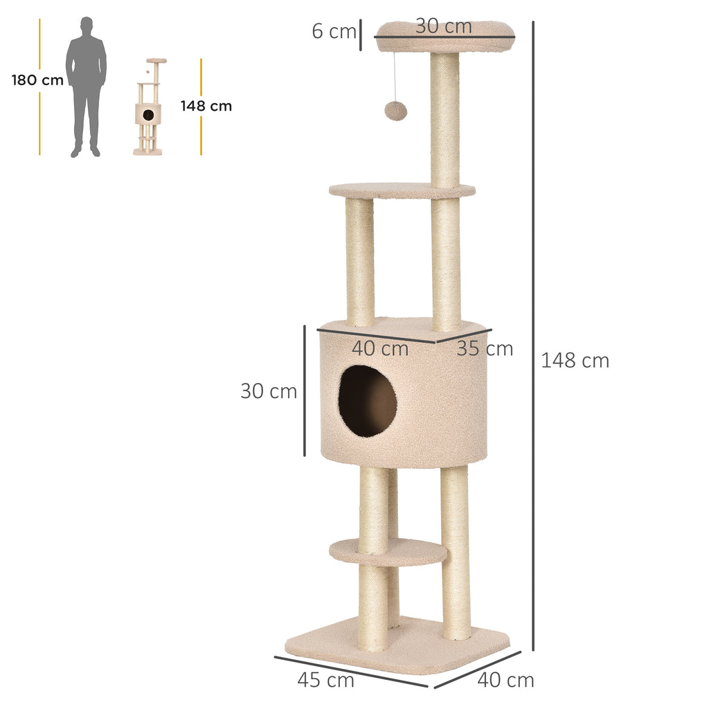 Draskyklė 148 cm su urveliu, platformomis, sizalio stulpais ir žaislu, katėms iki 5 kg, smėlio spalvos