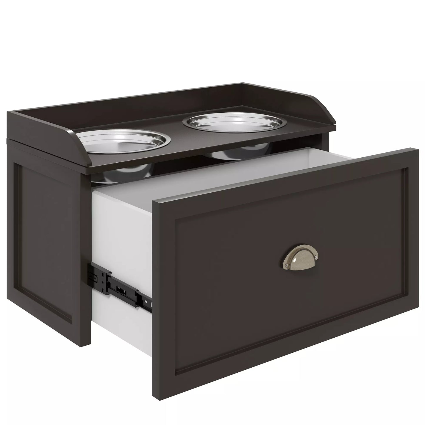 Paaukštinta šėryklos stotelė su 2 dubenėliais, 2 nerūdijančio plieno dubenys, 1 daiktadėžė, 60 x 30 x 36 cm, ruda