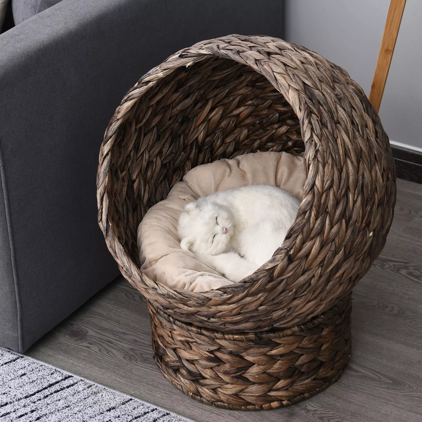 Water hyacinth cat bed with cushion, cat bed, pet bed, 50 cm x 42 cm x 60 cm, Brown + Beige
