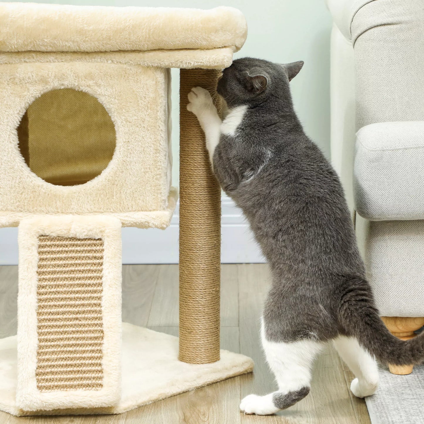 Kaķu māja ar džutas skrāpējamo stabu, guļamplatforma, rotaļu bumba, kaķu mājiņa, bēša, 40 x 40 x 57 cm