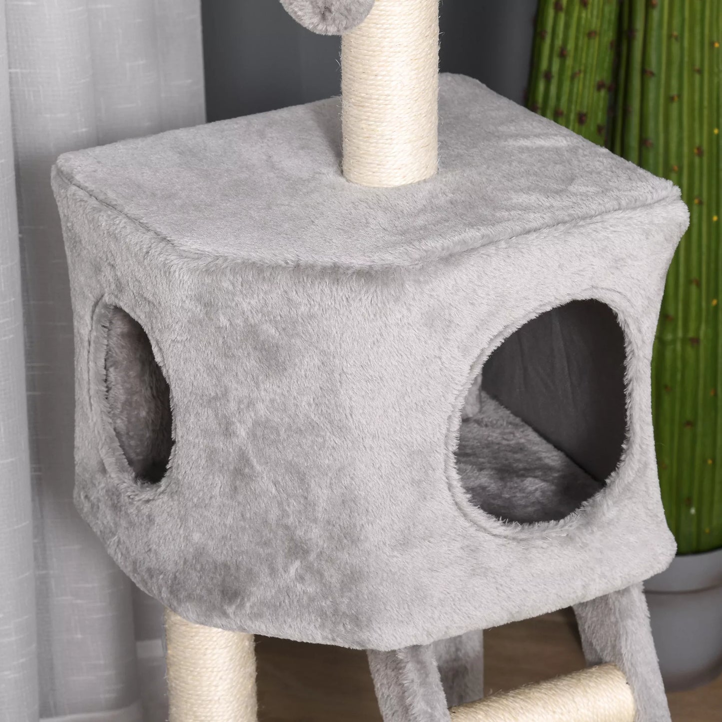 Cat tree 120 cm, Cat tower with cave, toy ball, sisal poles, platform, steps, multi-level cat scratching post, climbing tree for cats, light gray