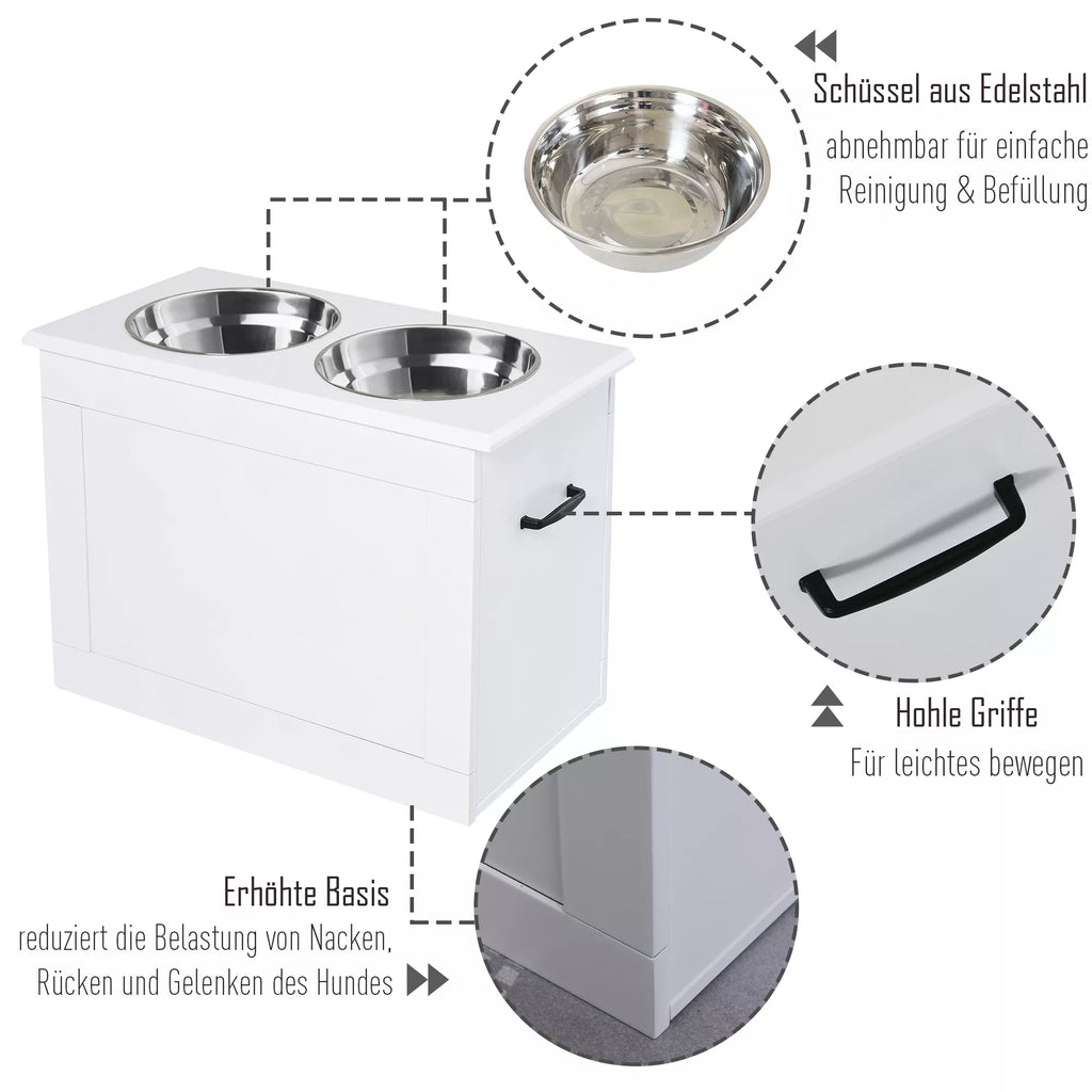 Paaugstināta suņu bļoda, barības bļoda ar uzglabāšanas vietu, ūdens bļoda, 2 x 2000 ml nerūsējošā tērauda bļodas, suņu bļodas, barības bļoda, barošanas stacija suņiem, kaķiem, balta