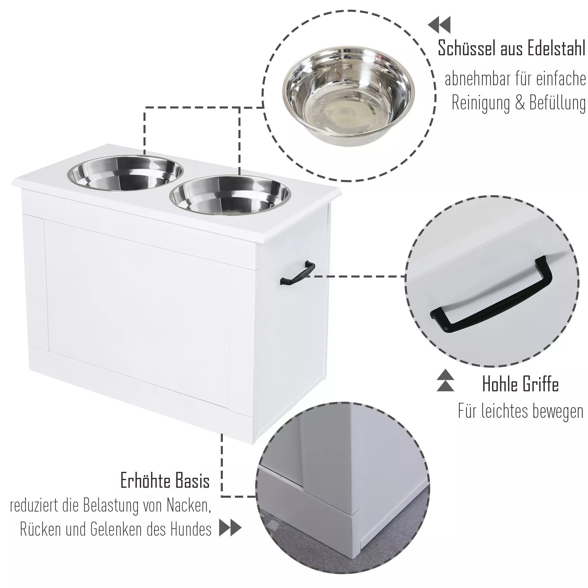 Paaugstināta suņu bļoda, barības bļoda ar uzglabāšanas vietu, ūdens bļoda, 2 x 2000 ml nerūsējošā tērauda bļodas, suņu bļodas, barības bļoda, barošanas stacija suņiem, kaķiem, balta