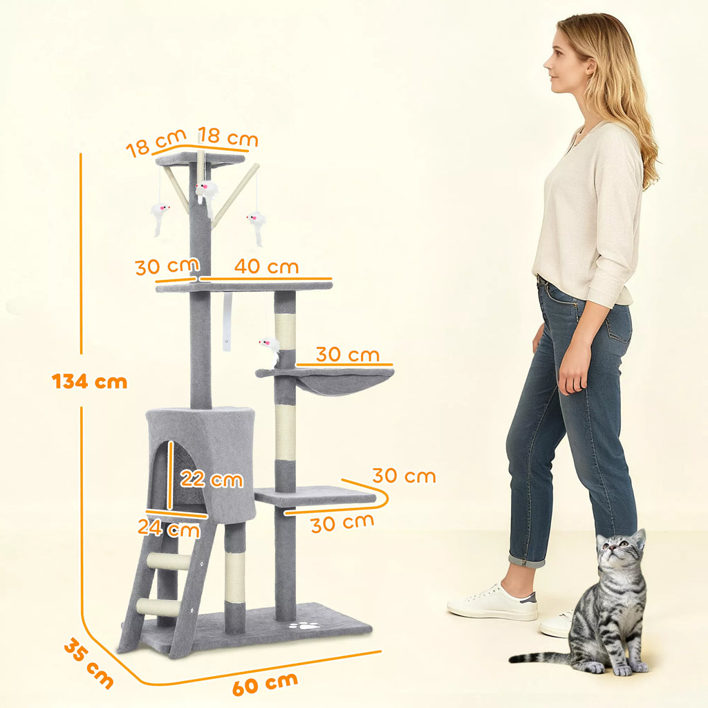 Draskyklė - kačių medis su urvu, 4 žaislais, sizalio kamienais, didele platforma, laiptais, skirtas katėms, sveriančioms mažiau nei 5 kg, pilkos spalvos