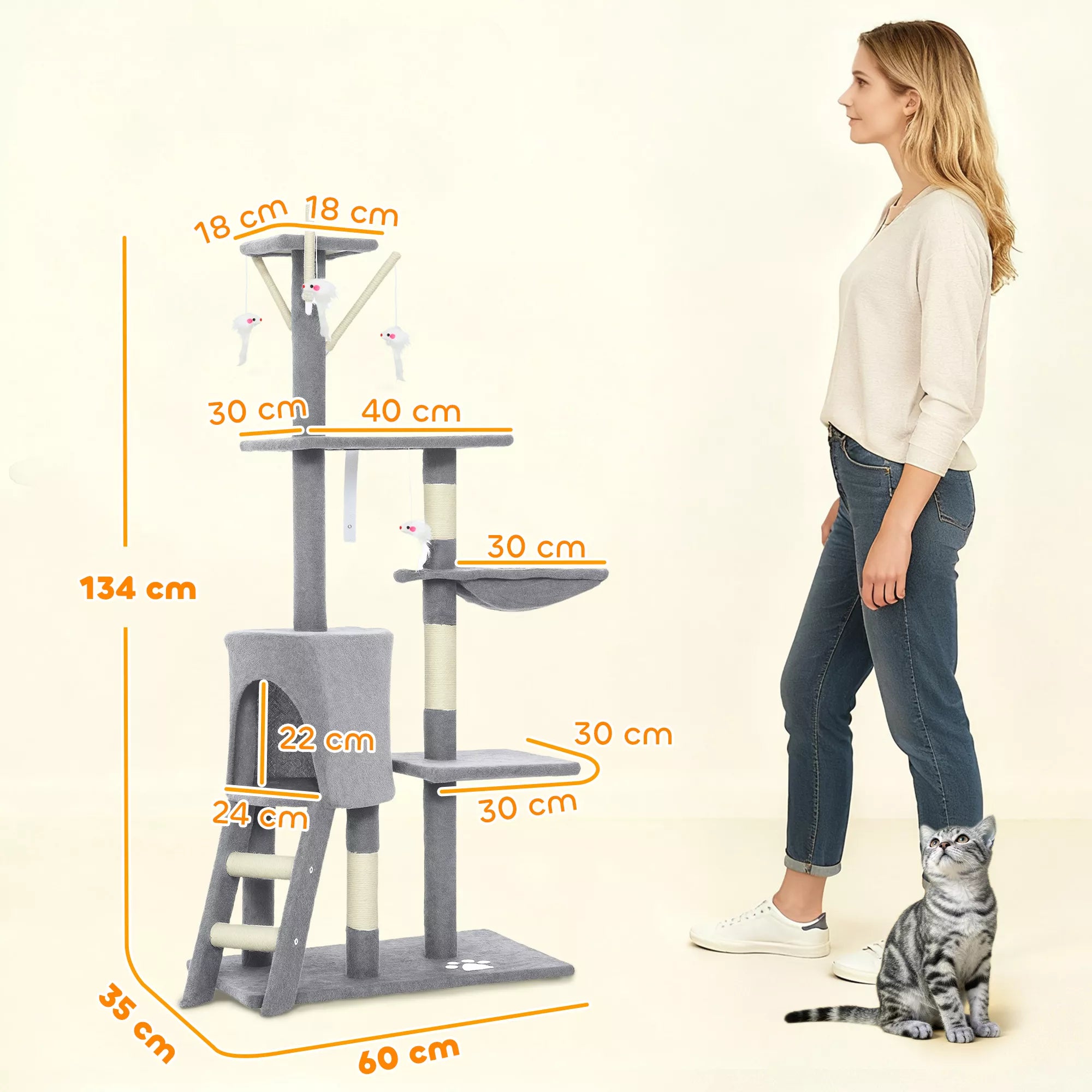 Draskyklė - kačių medis su urvu, 4 žaislais, sizalio kamienais, didele platforma, laiptais, skirtas katėms, sveriančioms mažiau nei 5 kg, pilkos spalvos