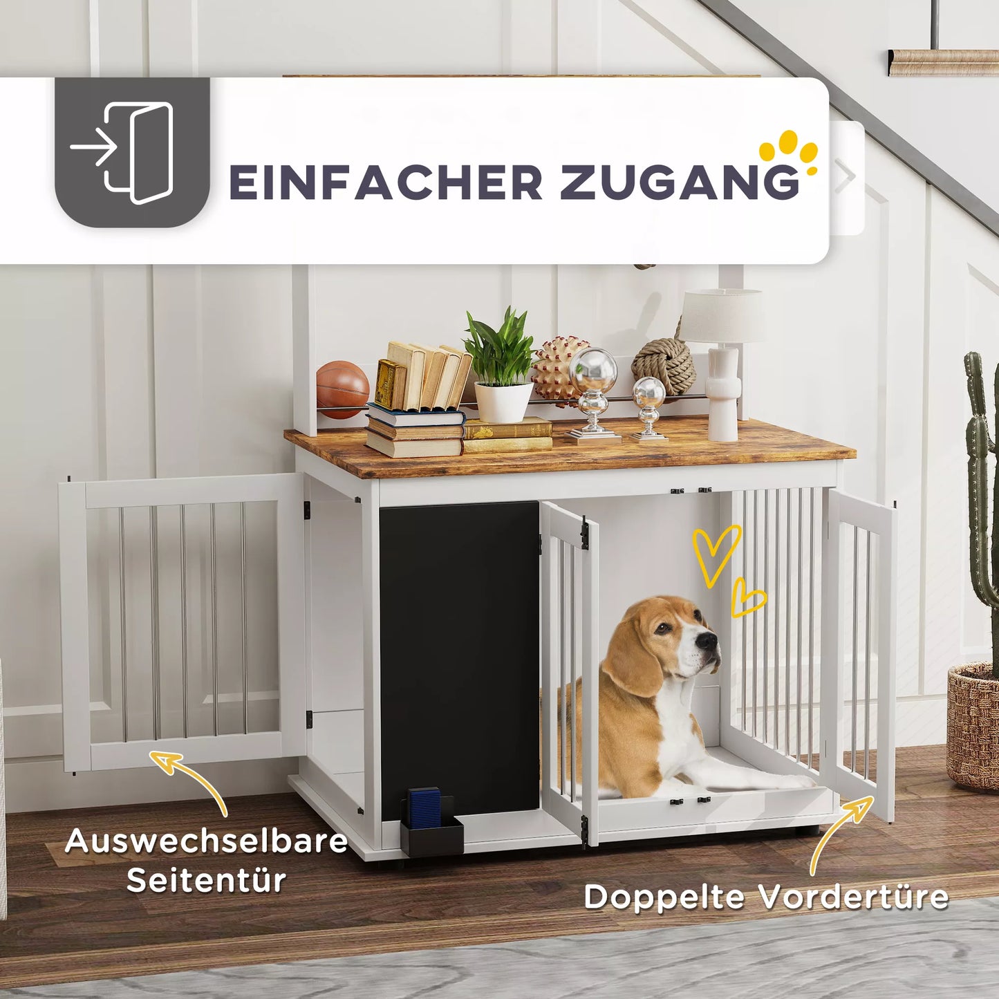 Suņu būris ar rotaļlietu glabāšanas plauktu, pavadas āķiem, rakstāmgaldu, dzēšgumiju, lieliem suņiem, balts