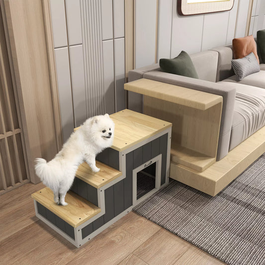 Mājdzīvnieku pakāpieni, 3 pakāpieni, priedes koks, 79 cm x 38,5 cm x 45 cm, dabīgi baltā krāsā