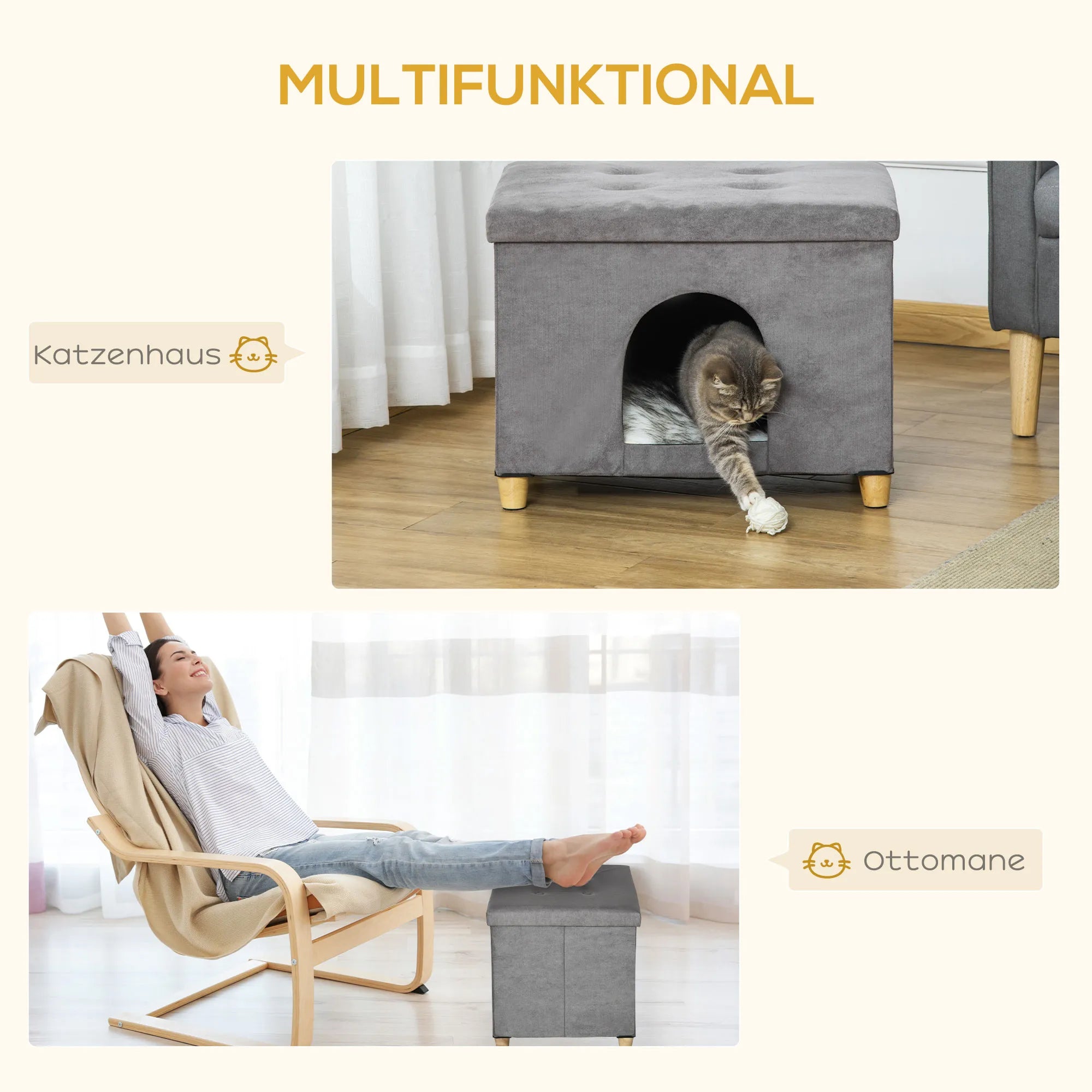 2-IN-1 kačių urvas pufas su pagalvėle medinės kojos kačių namelis kačių krepšys minkštas paminkštintas ottomanas elegantiškas dizainas nuimamas MDF pliušas pilkas 60 x 45 x 44,5 cm