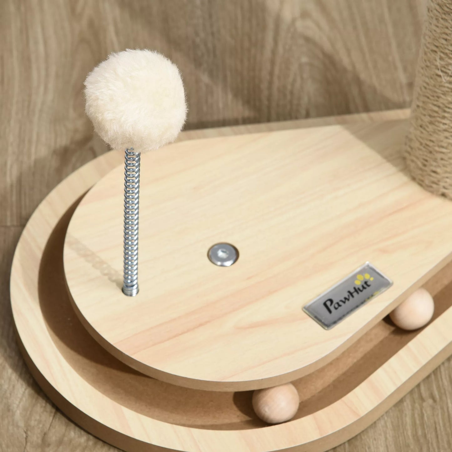 Kaķu skrāpēšanas stabs kaķēniem ar rotaļlietu, bumbu trasi, atsperes bumbu, 35 cm x 23 cm x 40 cm, dabīgs