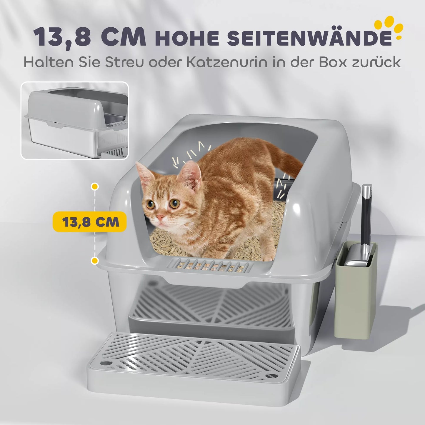 Cat litter box, stainless steel, high walls, storage box, light gray