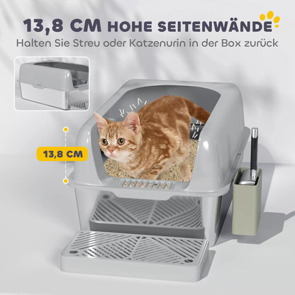 Cat litter box, stainless steel, high walls, storage box, light gray