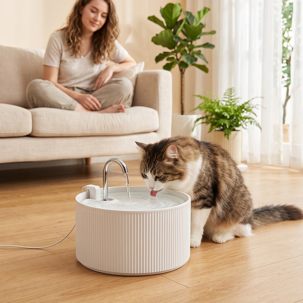 Keraminis gertuvės fontanėlis katėms ir šunims, 2,2 l, su 4 pakopų filtru ir tylia pompa, baltas