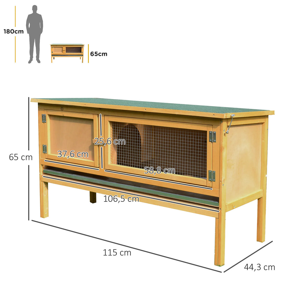 Puidust küülikumaja avatava katuse, 2 ukse ja väljatõmmatava alusega, 115 x 44,3 x 65 cm, helekollane