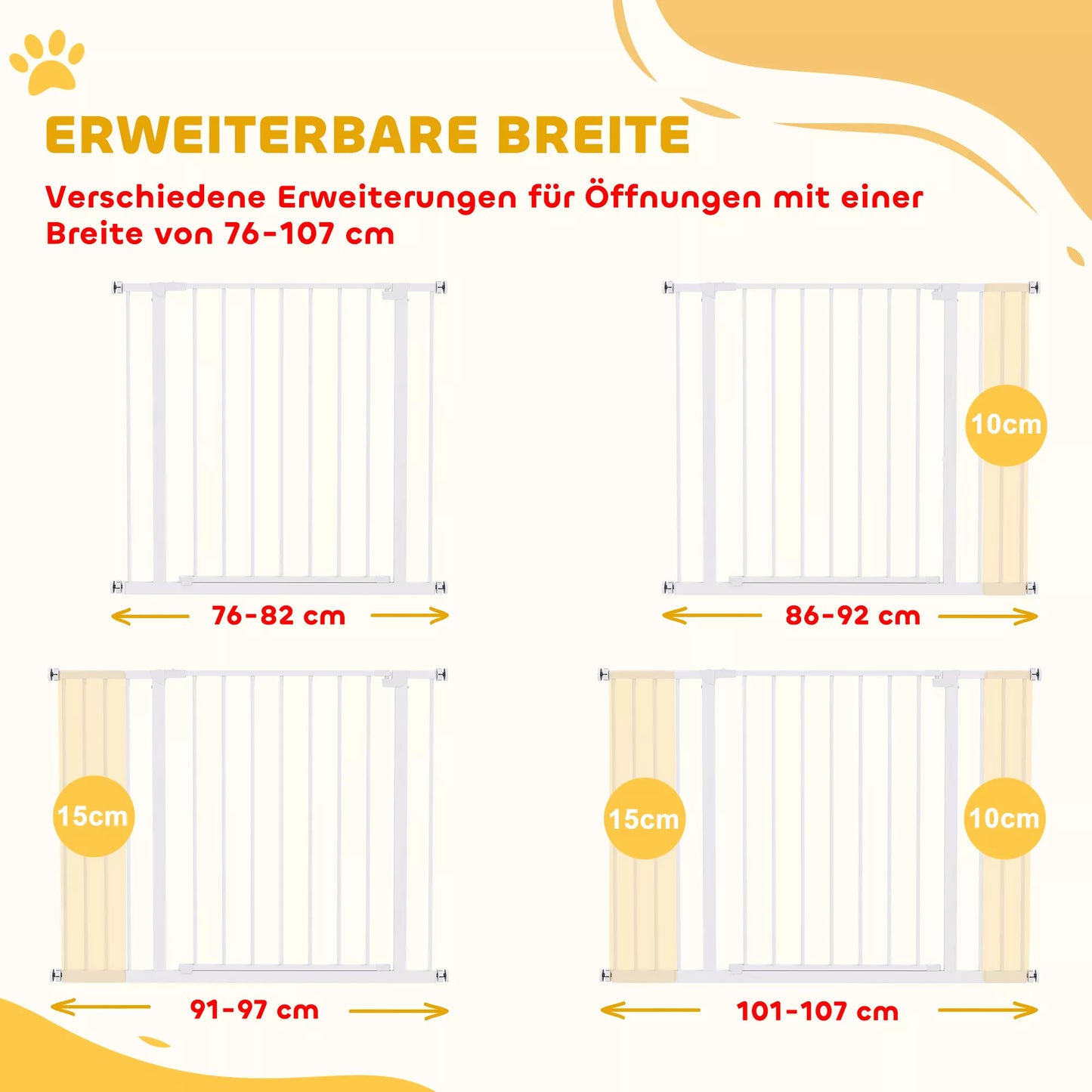 Drošības vārti durvīm, kāpņu drošības vārti bez urbšanas, suņu vārti, drošības vārti mājdzīvniekiem, suņu vārti, stiprinājums ar skavu, metāla, balti, 76-107 x 76 cm