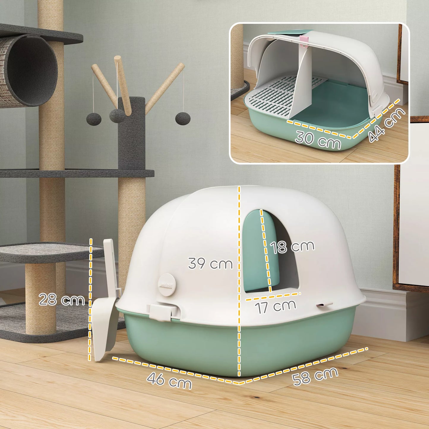 Kaķu pakaišu kaste ar vāku, ar iekšējo noteku, durvīm, kausiņu, viegli tīrāma, plastmasas, zaļa