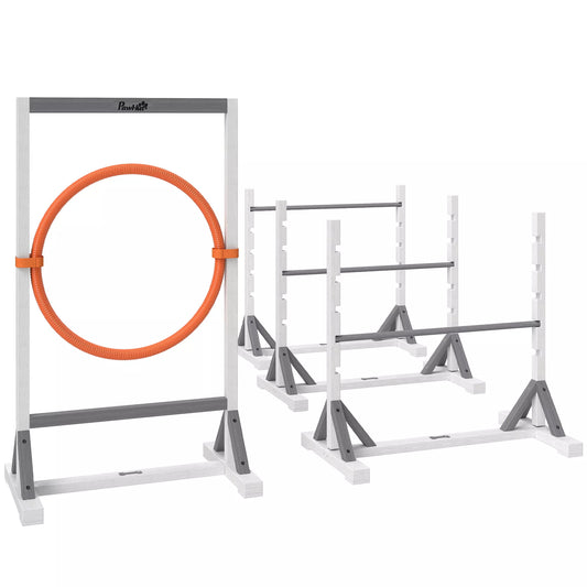 Agility rinkinys šunims, 4 dalių dresūros įranga su aukščio reguliuojamomis kliūtimis ir lanku, baltas