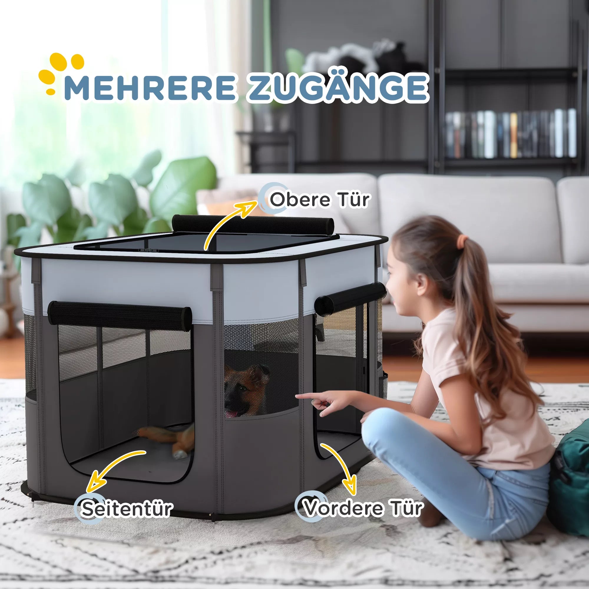 Mājdzīvnieku rotaļu laukums, salokāms, ar uzglabāšanas grozu, kucēniem un kaķēniem, iekštelpām un āra lietošanai, pelēks