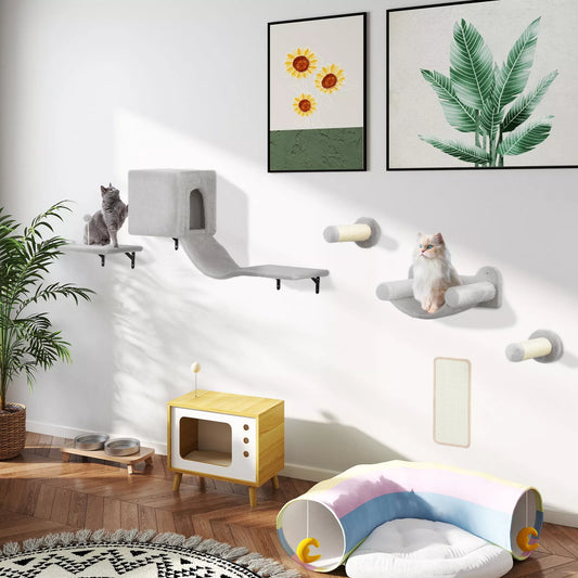 Kaķu kāpšanas siena, 6 daļas, ar kaķu mājiņu, šūpuļtīklu, platformu un skrāpējamo dēli, pelēka