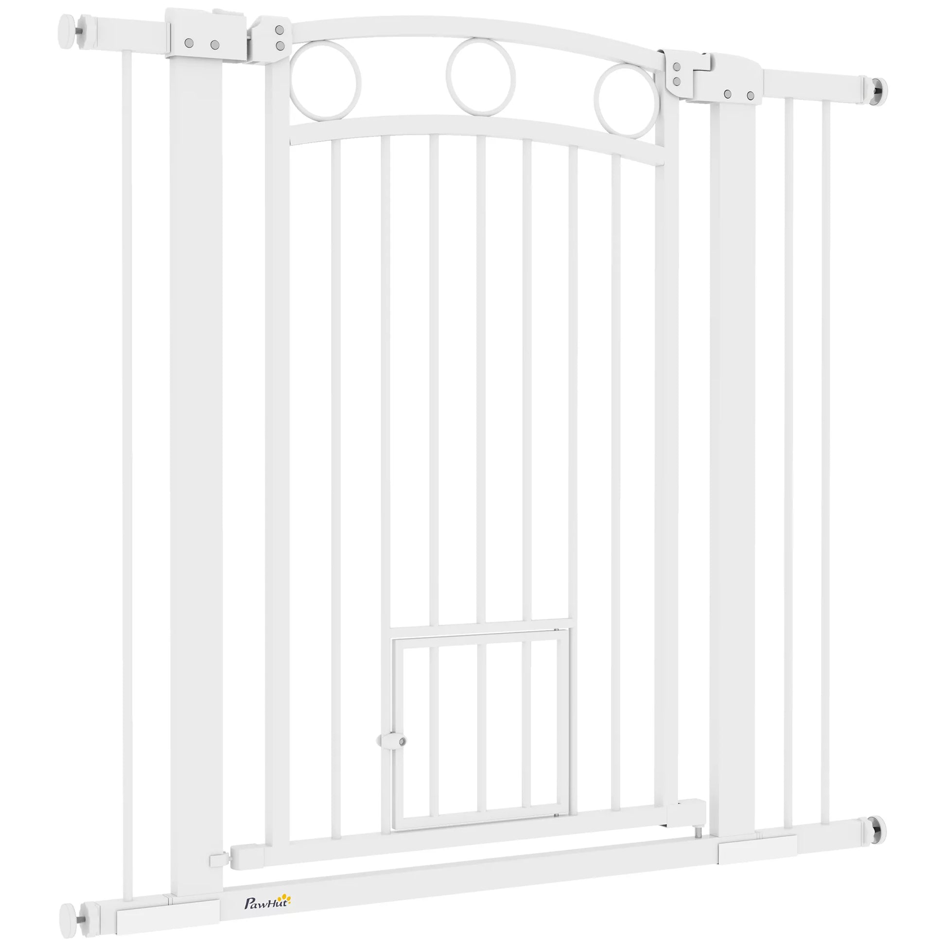 Naminių gyvūnėlių varteliai, 96 cm, apsauginiai varteliai laiptams, reguliuojamas plotis 76–104 cm, su katės durelėmis, skirti laiptams ir durų angoms, balti