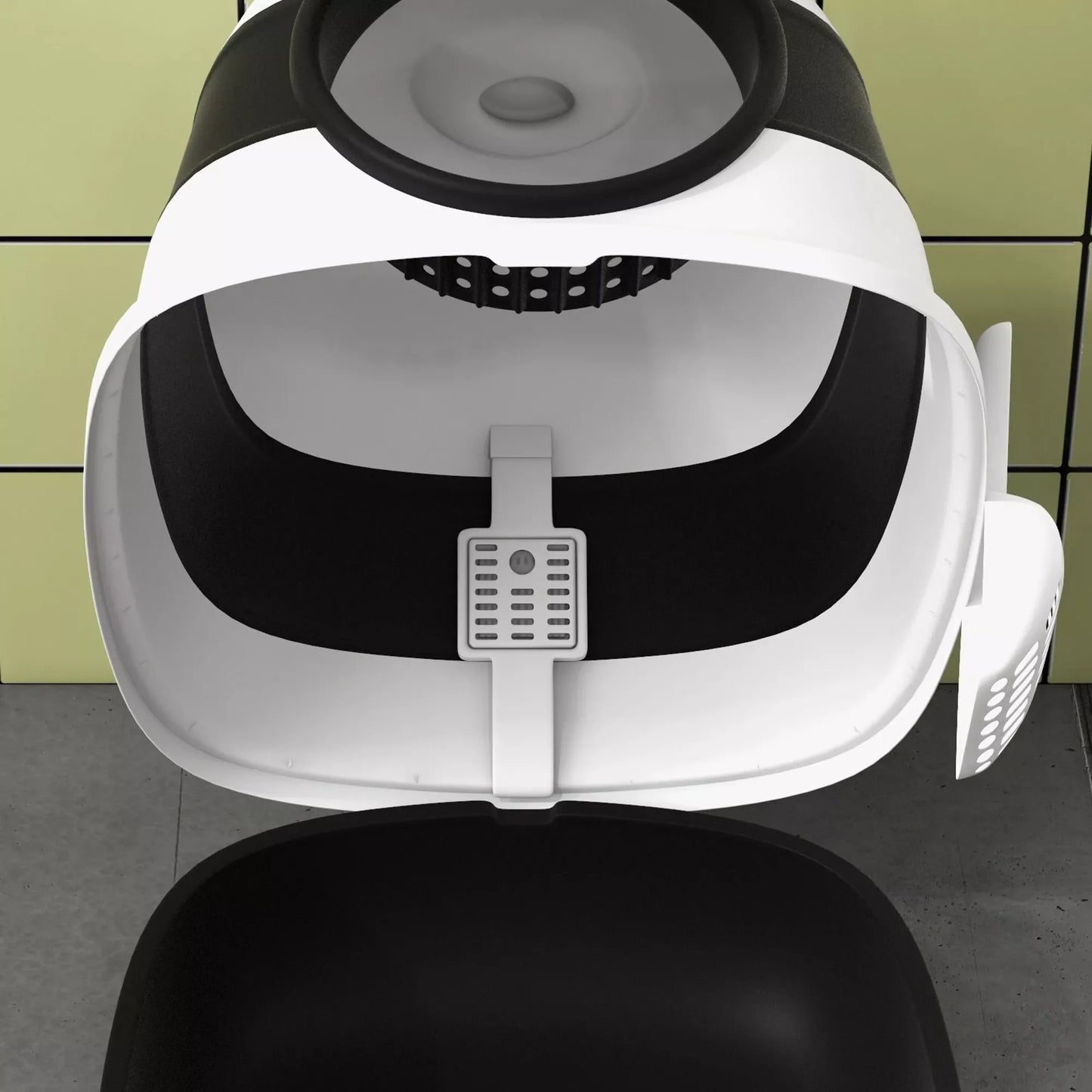 Kaķu bļoda ar vāku un kaķu tualetes kausiņu, kaķiem līdz 5 kg, 52x41x38 cm, balta/melna