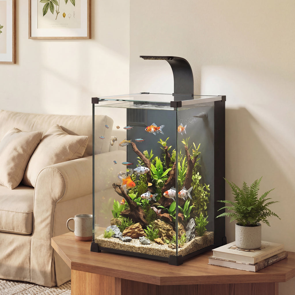 Akvariumo komplektas 36 l su LED apšvietimu, filtru ir pompa, 30x30x45,5 cm, juodas