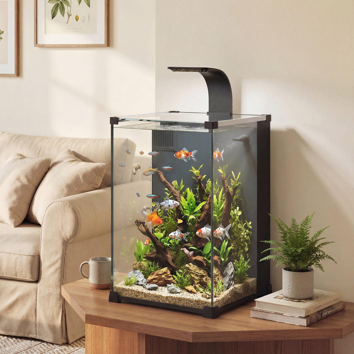 Akvariumo komplektas 36 l su LED apšvietimu, filtru ir pompa, 30x30x45,5 cm, juodas