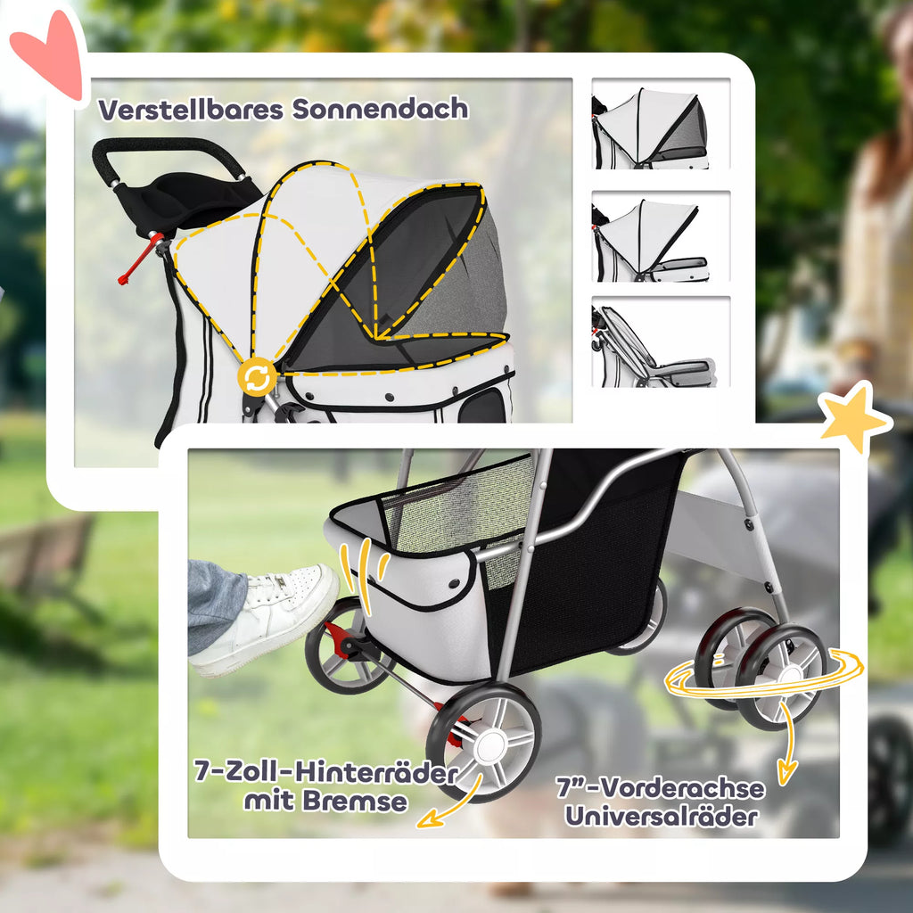 Šunų vežimėlis Šunų vežimėlis Sulankstomas kačių vežimėlis iki 10 kg su lietaus apsauga Atspindinčios juostos Laikymo krepšys 77x44x102 cm Pilkos spalvos