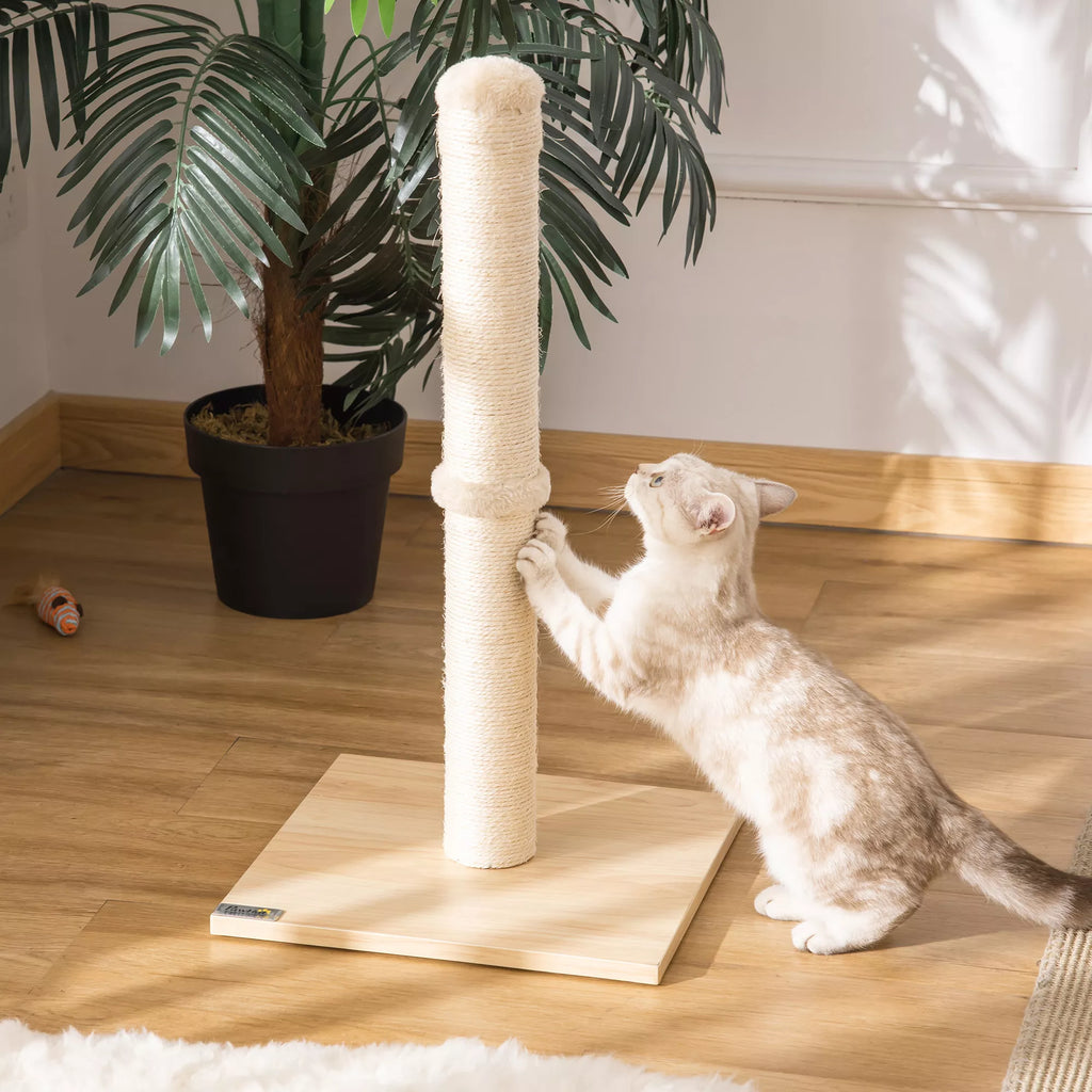 Braižymo stulpas katėms, sizalio draskymo stulpas, stabilus kačių draskytuvas, braižymo žaislas katei su kamuoliu, 60 cm, medžio drožlių plokštė, sizalis smėlio spalvos + ąžuolas, 34 x 34 x 60 cm