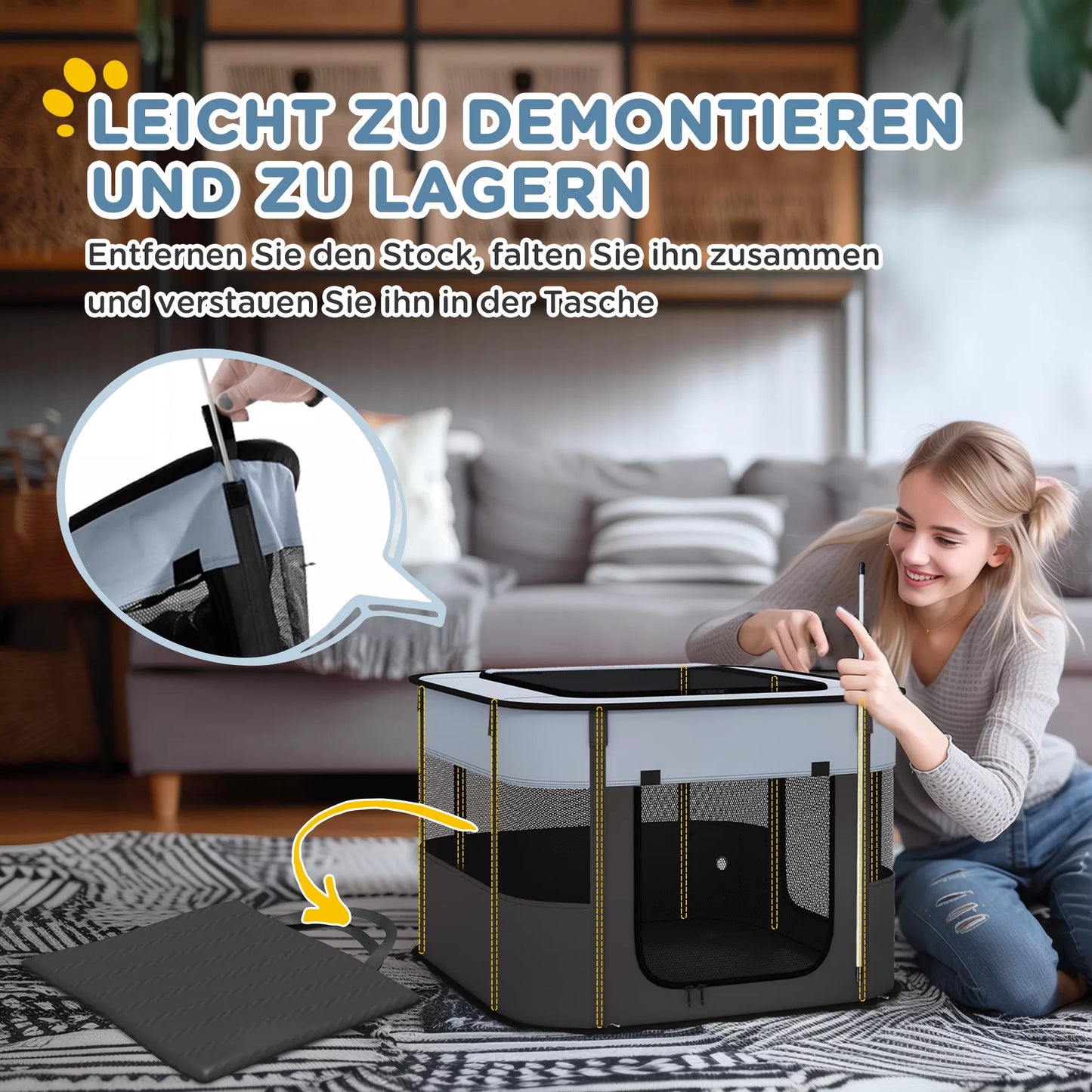 Sulankstomas žaidimų aptvaras naminiams gyvūnams su laikymo krepšiu, skirtas šuniukams ir kačiukams, naudoti lauke ir viduje, pilkos spalvos