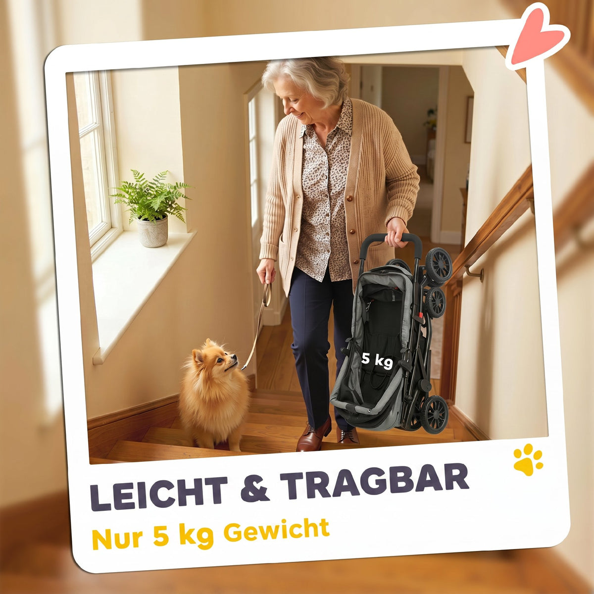 Vežimėlis šunims iki 10 kg, sulankstomas, su pagalvėle, tinkliniais langais ir puodelio laikikliu, pilkas