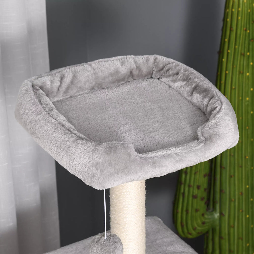 Kačių medis 120 cm, Kačių bokštas su urveliu, žaisliniu kamuoliuku, sizaliniais stiebais, platforma, laipteliais, daugiaaukštis kačių draskytuvas, laipiojimo medis katėms, šviesiai pilkas