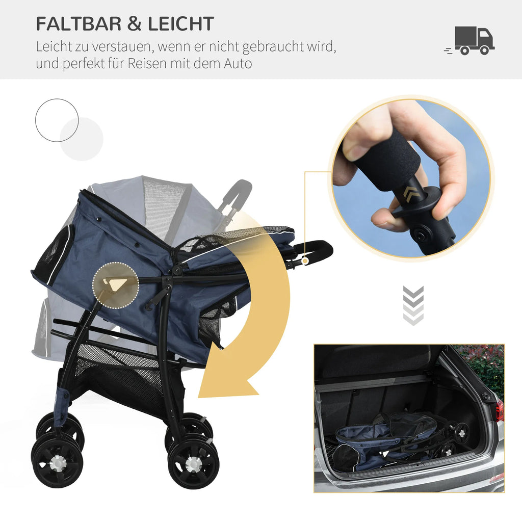 Suņu ratiņi/buggy līdz 10 kg, saliekami, ar apakšējo grozu, spilvenu, sānu kabatu, 81 cm x 48 cm x 99 cm, pelēki